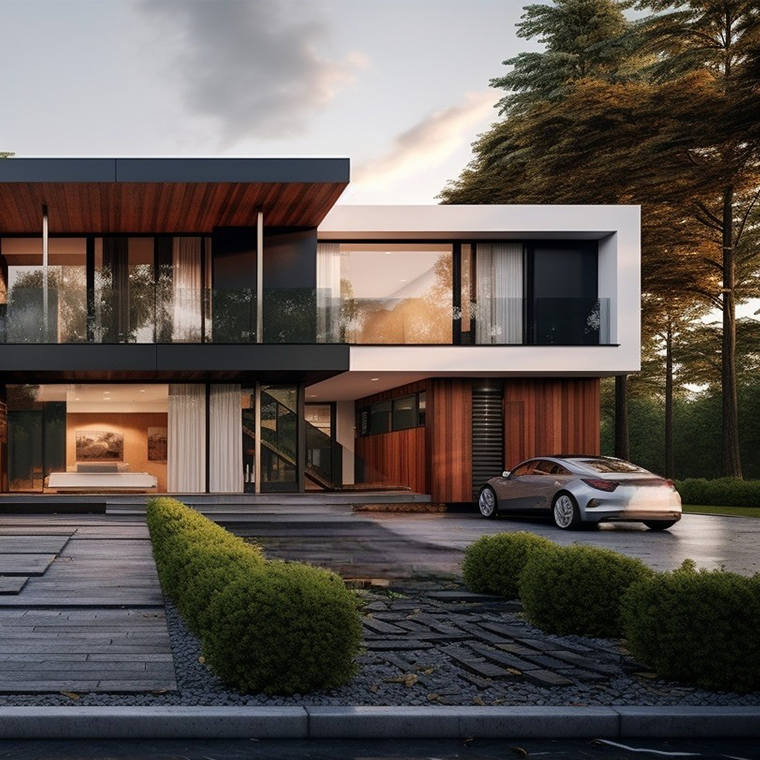 Front view of a house with a pool in front
